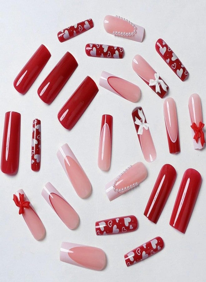 SINSEN 24Pcs Long Square Press on Nails French Tip Fake Nails Valentines False Nails with 3D Bow Heart White Pearl Design Cute Acrylic Nail Full Cover Reusable Hearts Glue on Nails for Women Manicure DIY - Image 3
